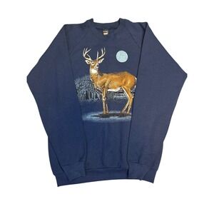 Screen Stars Vintage 1990 Deer Graphic Sweatshirt XL Navy Blue Made in USA Buck